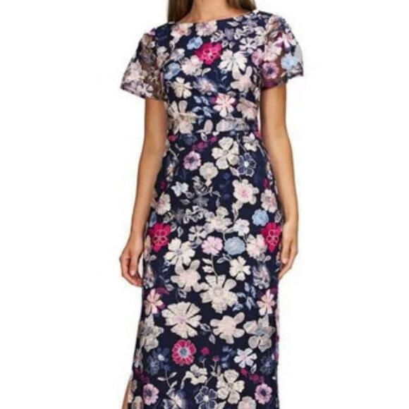 JS Collections Navy Blue Multi Magnolia Floral Embroidery Gown - Picture 1 of 6